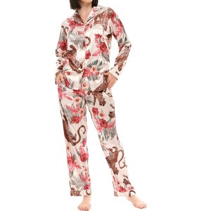 ADR Women's Satin Pajamas Set, Button Down Long Sleeve Top and Pants with Pockets, Silk like PJs with Matching Sleep Mask - 1 of 4