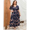 Plus Size Women's Flowy Tiered Maxi Dress - V-Neck, Short Sleeve & Waist Tie with Floral Print - 2 of 4