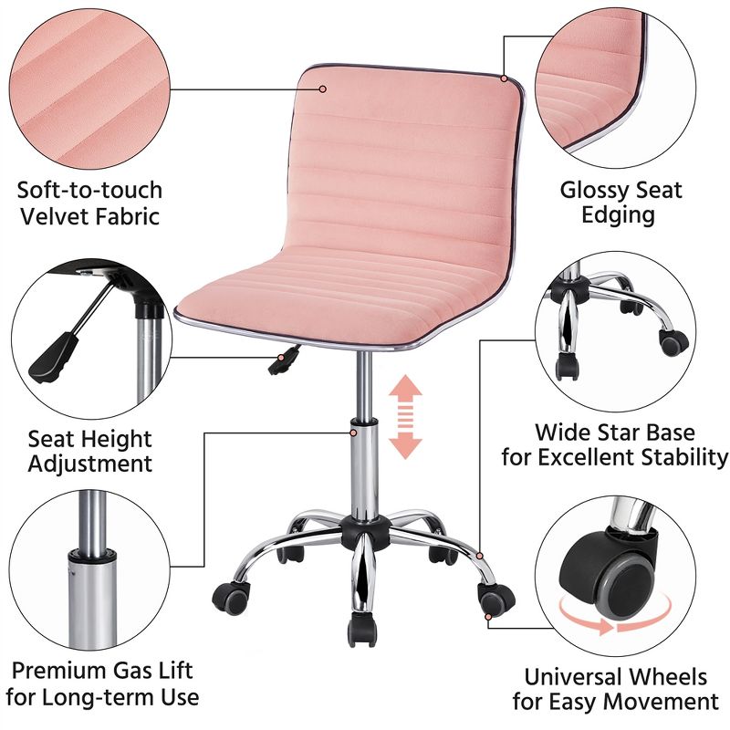 Yaheetech Velvet Low Back Armless Desk Chair Office Chair with Wheels, 4 of 8