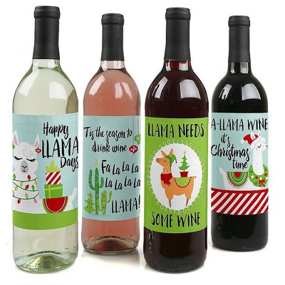 Big Dot of Happiness Fa La Llama - Christmas and Holiday Party Decorations for Women and Men - Wine Bottle Label Stickers - Set of 4