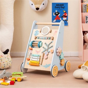 Angel Sar 8-in-1 Blue Wooden Baby Walker with Xylophone & Shape Sorter, Multi-Activity Push Toy for Toddlers 1+ Years with Mirror, Gears, Storage - 1 of 4