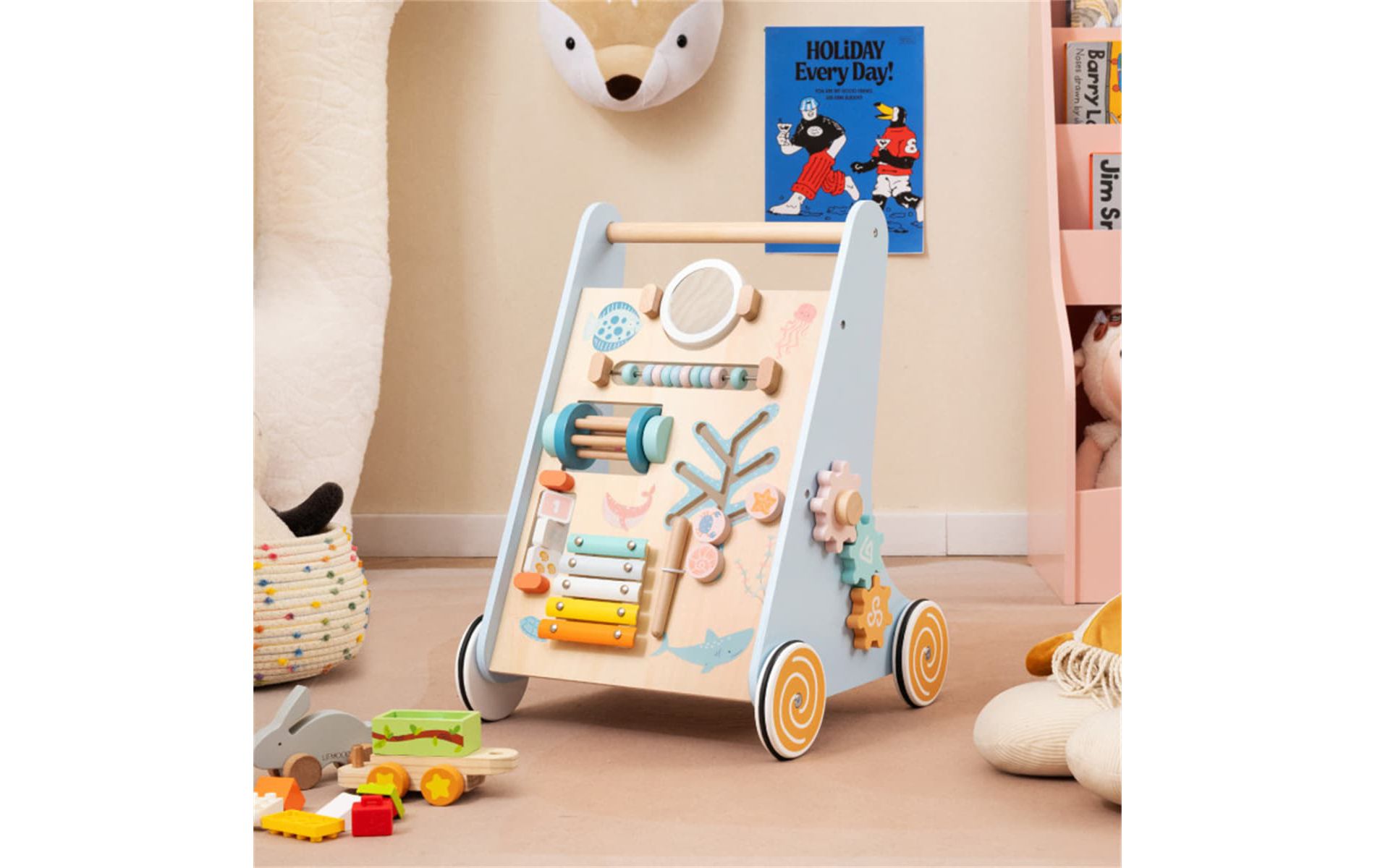 Angel Sar 8-in-1 Blue Wooden Baby Walker with Xylophone & Shape Sorter, Multi-Activity Push Toy for Toddlers 1+ Years with Mirror, Gears, Storage