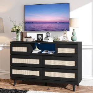 Rattan Dresser for Bedroom with Led Light and Charging Station, 6 Drawer Double Dressers, Modern Wooden Dresser Chest - 1 of 4