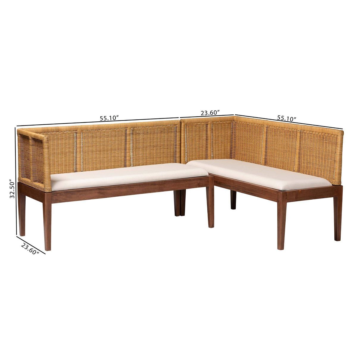 bali & pari 2pc Tabanan Rattan and Acacia Wood Dining Nook Banquette Set Brown/White: Foam Padded, Polyester Upholstery, No Assembly Required - thumbnail 8