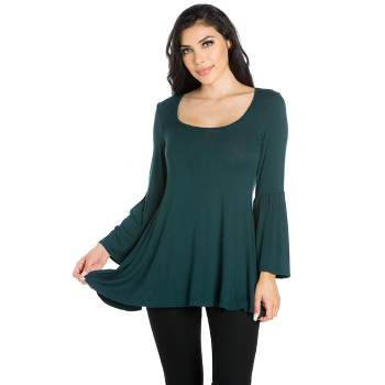 24seven Comfort Apparel Womens Long Bell Sleeve Flared Tunic Top