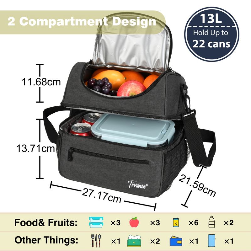 Tirrinia Large Lunch Bag for Men, 13L/22 Cans Insulated Leakproof Bento Lunch Box with Dual Compartment, Lunch Cooler Bag for Work, Beach, Camping, 4 of 10