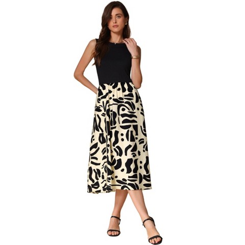 Женские платья INSPIRE CHIC Women's Summer Sleeveless Pattern Splicing Round Neck Midi Dress Black Beige X-Small