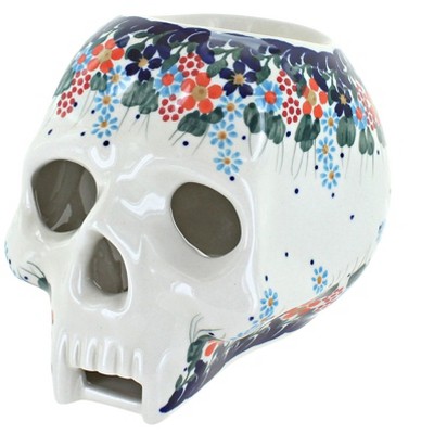 Blue Rose Polish Pottery Harvest Bouquet Halloween Skull