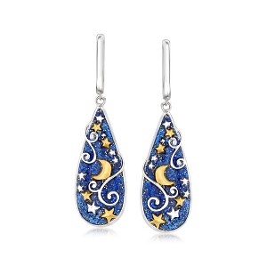 Ross-Simons Glittery Blue Enamel Celestial Hoop Drop Earrings in 2-Tone Sterling Silver - 1 of 4