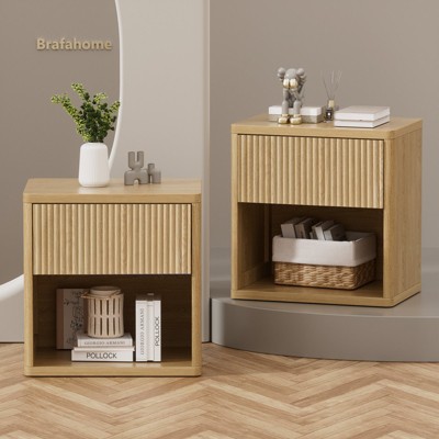 Brafabhome Accent Fluted Nightstand Set of 2 with Drawers, Modern Bedside Table with Hidden Drawer and Open Storage Shelf for Bedroom Living Room