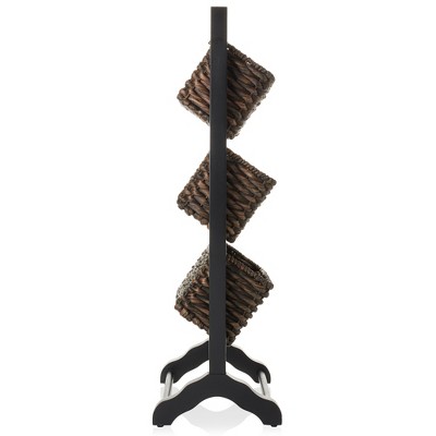 Acacia Wood 3-Tier Black and Espresso Storage Rack with Hyacinth Baskets