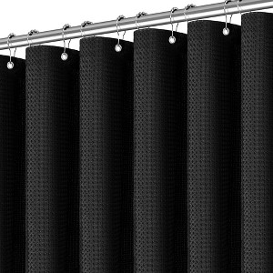 Aoibox Black Heavy Duty Waffle Woven Shower Curtain, Weighted Fabric for Hotel Spa Luxury Polyester Bath Curtain with 12 Hooks - 1 of 4