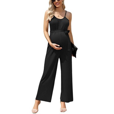 Maternity Jumpsuit Wide Leg Sleeveless Adjustable Strap Pockets