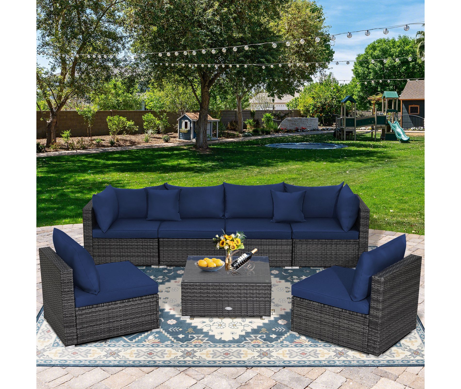 Costway 7PCS Patio Rattan Furniture Set Sectional Sofa Cushioned Garden Navy