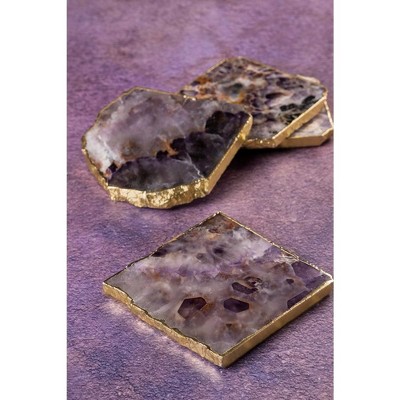 Dazzle Amethyst Stone Coasters with Gold Edges, Set of 4