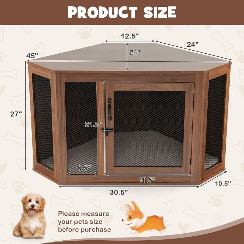 Tangkula Wooden Corner Dog Crate Furniture Pet Kennel End Table Cage w/ Door & Mesh, 4 of 11