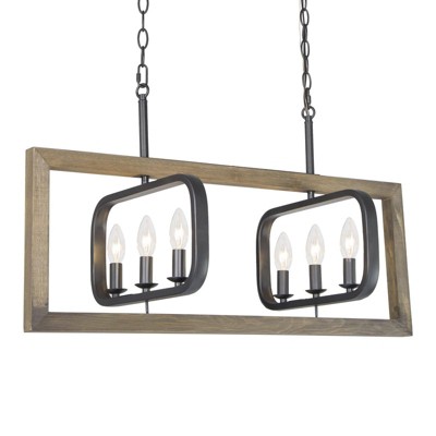 LNC Timeless 6-Light 31" Farmhouse/Rustic Large Linear Chandelier, Black and Gray Wood Tone