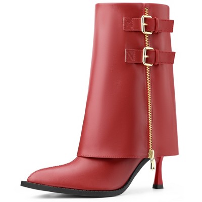 BLISSFUL STEP Women's Pointed Toe Mid Calf Fold Over Buckle Stiletto Heel Boots