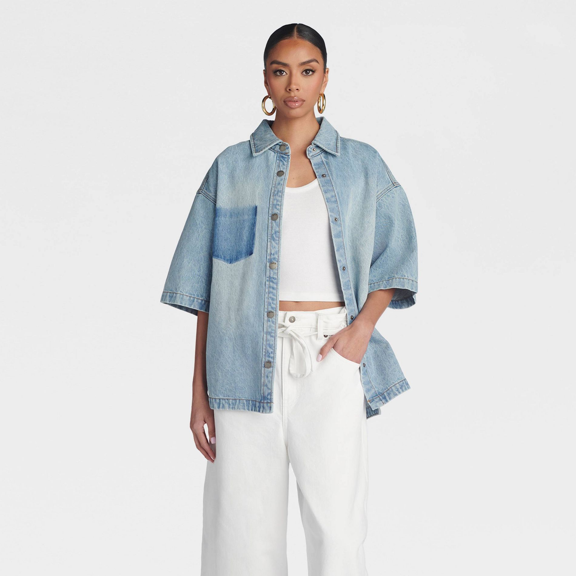 KBB by KAHLANA Women's Short Sleeve 'The Boxy Denim Shirt' - Light Wash