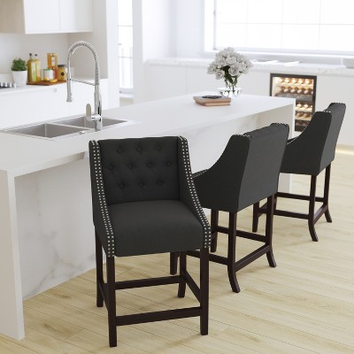 Charcoal Tufted Fabric and Walnut Wood Counter Stool