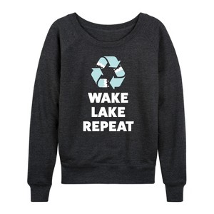 Women's - Instant Message - Wake Lake Repeat Lightweight French Terry Wide Neck Long Sleeve Graphic Shirt - 1 of 4