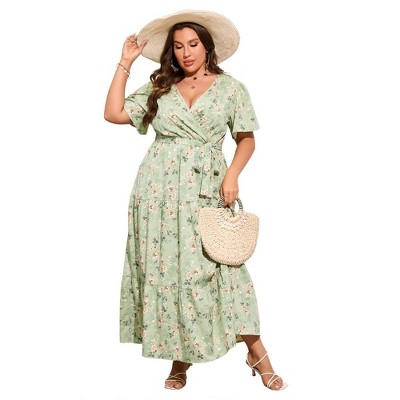 Womens Plus Size V Neck Wrap Maxi Dress High Waist Ruffle Summer Casual Dress with Belt