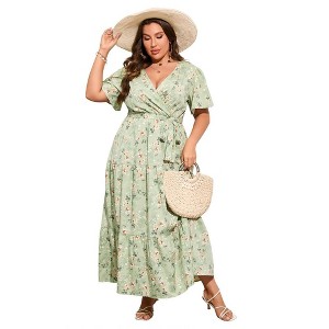 Womens Plus Size V Neck Wrap Maxi Dress High Waist Ruffle Summer Casual Dress with Belt - 1 of 4