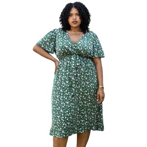 Anna-Kaci Women's Plus Size Green and Pink Flared Tunic Floral Print Dress - 1 of 4