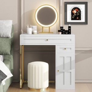 32"W Dressing Table Vanity Table Makeup Table with Lighted Mirror with 3 Lighting Modes, Drawers and Cabinet with Adjustable Shelf, White-ModernLuxe - 1 of 4