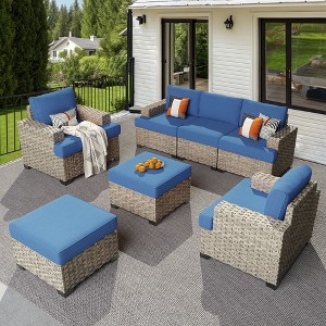 XIZZI All-Weather Rattan Furniture, Sectional Sets w/ Optional Solar Light-Up Coffee Table & Ottoman, Choose 6-9pc Configs in 8 Fade Resistant Colors - 1 of 4