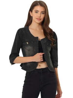 INSPIRE CHIC Women's Collarless Pockets 3/4 Sleeve Denim Jackets