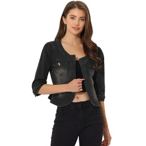 INSPIRE CHIC Women's Collarless Pockets 3/4 Sleeve Denim Jackets - 1 of 4
