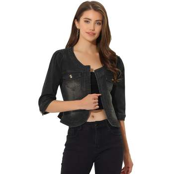Allegra K Women's Collarless Pockets 3/4 Sleeve Denim Jackets