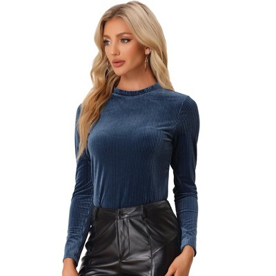 INSPIRE CHIC Women's Mock Neck Long Sleeve Ribbed Knit Solid Blouse