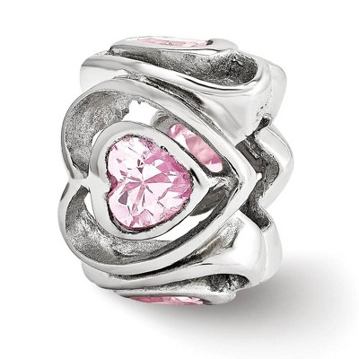 Black Bow Jewelry Sterling Silver Pink Cubic Zirconia Four Sided Double Heart Bead Charm