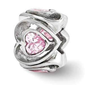Black Bow Jewelry Sterling Silver Pink Cubic Zirconia Four Sided Double Heart Bead Charm - 1 of 3