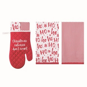 Transpac Cotton 14 in. Multicolor Christmas Calories Oven Mitt Ho-Ho-Ho Tea Towels Gift Set of 3 - 1 of 2