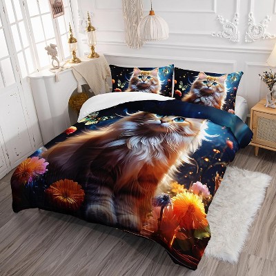 Boersma Cat Comforter Set Queen Size, 3D Animals Flowers Bedding Set, Cat Lovers Quilt Bed Set for Girls Kids Teens