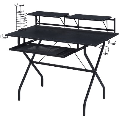 Vynxaria Black Computer Desk - Keyboard Tray, 2 Headset Hooks, Game Rack, Wooden Top & Sturdy Metal Frame