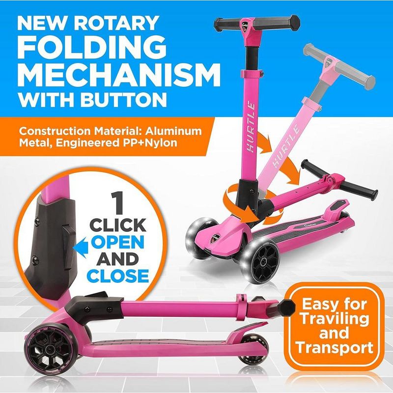 Hurtle 3 Wheeled Scooter for Kids - Foldable Stand Child Toddlers Toy Kick Scooters, Pink, 3 of 10