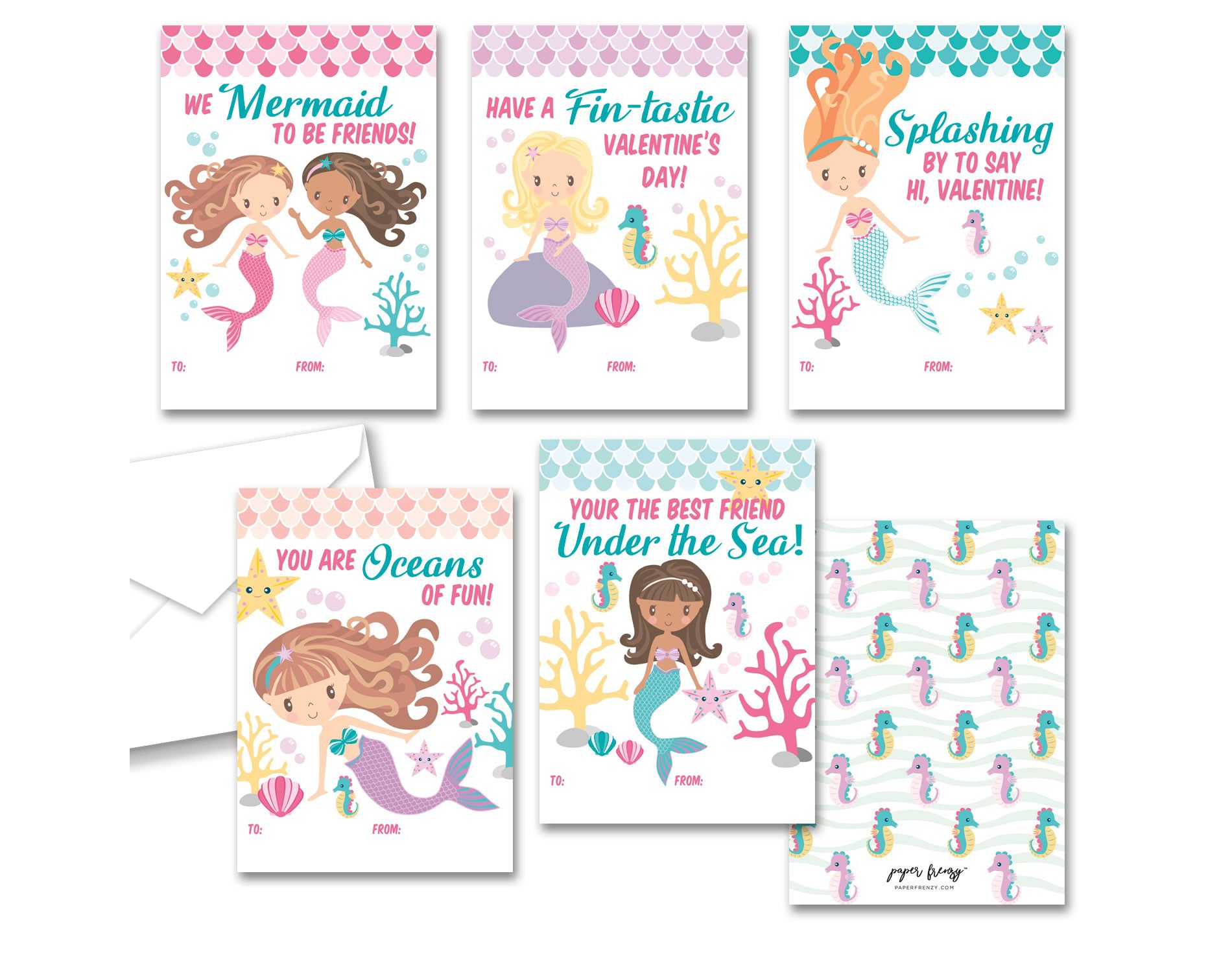 Paper Frenzy Mermaid Themed Valentine Cards WITH ENVELOPES - 25 Pack