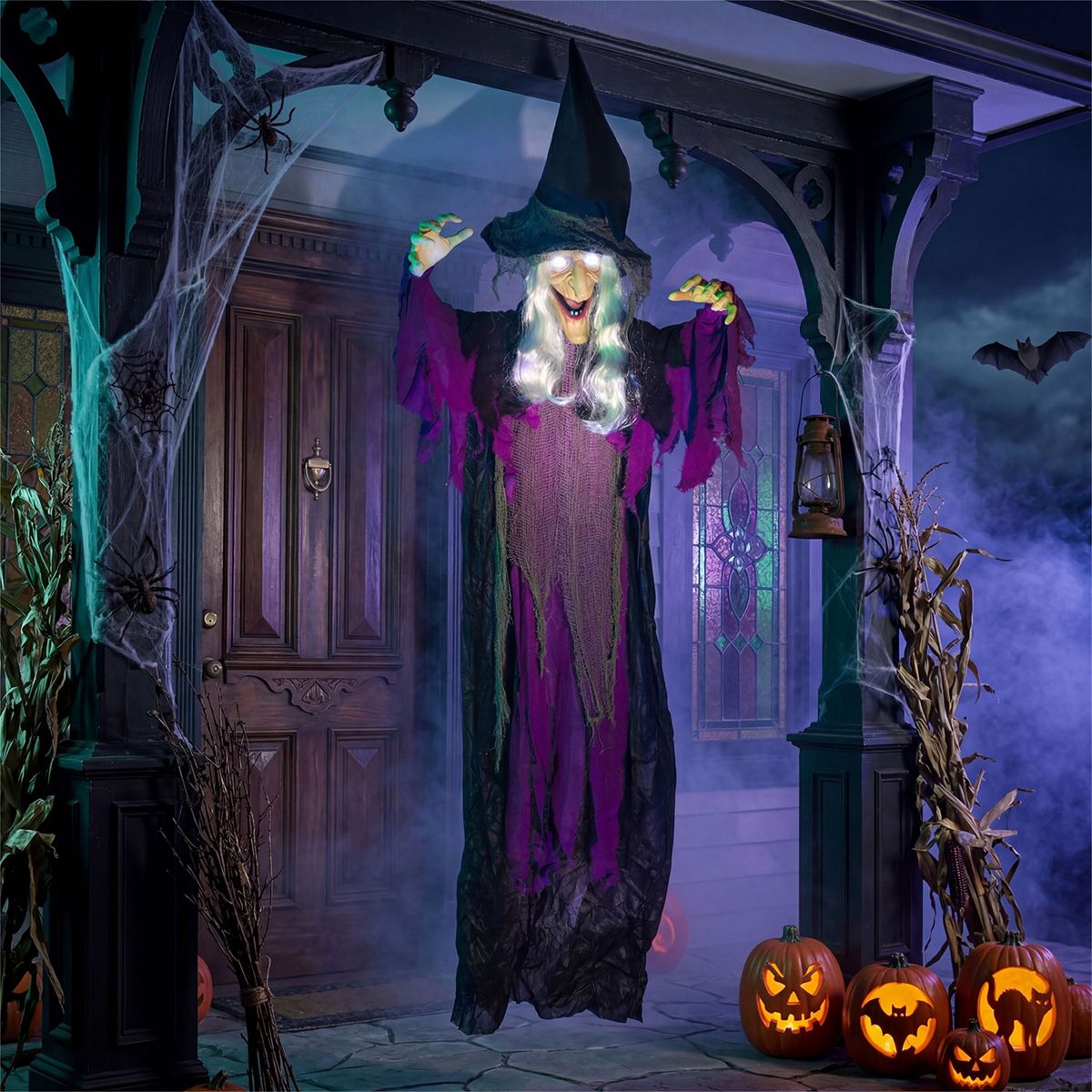Joyfy Halloween Witch Decoration, Hanging Talking Witch Decorations Prop with Light Up Eyes for Halloween Outdoor, Indoor, Haunted House Decor