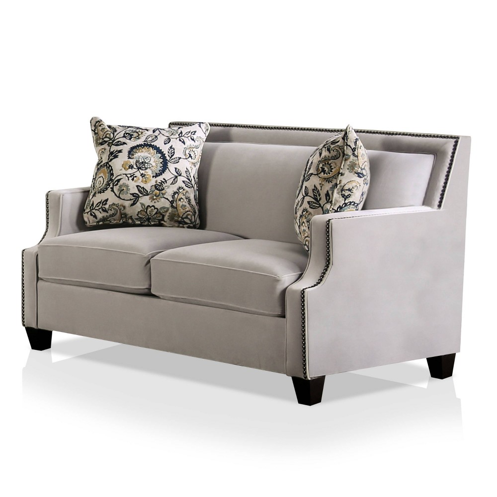 Photos - Sofa Creation Velvet Upholstered Loveseat Light Gray/Navy - Furniture Of Americ