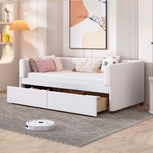 MAYEERTY Twin Size Upholstered Daybed, Ergonomic Backrest Trundle, Bedroom, Beige - 1 of 4
