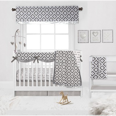 Bacati - Love Design/Print Gray/Silver 10 pc Crib Bedding Set with Long Rail Guard Cover
