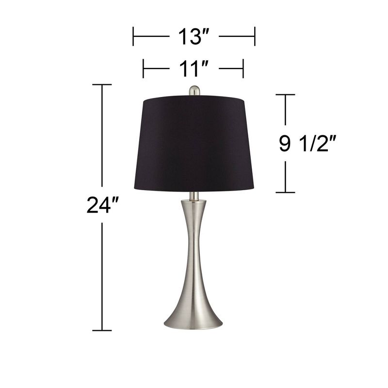 360 Lighting Gerson Modern Table Lamps 24" High Set of 2 Brushed Nickel Silver LED Black Faux Silk Drum Shade for Bedroom Living Room Bedside Office, 4 of 7
