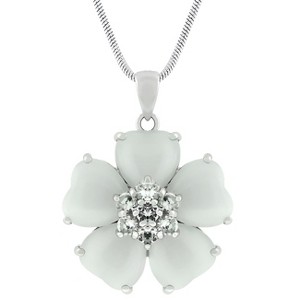 Slickblue White Cat's Eye & CZ Floral Pendant Necklace – Rhodium Plated, 16" Snake Chain, Women's Jewelry - 1 of 3