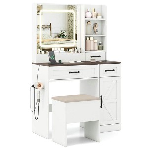Resenkos Farmhouse Vanity Desk - Lighted Mirror, Makeup Dressing Table, Bedroom Essential - White - 1 of 4