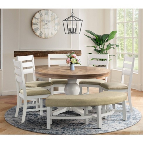 6pc Barrett Round Dining Set White, White Rustic Dining Table Set With Bench