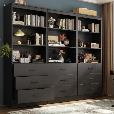 Aheaplus 71'' Tall Storage Bookcase, Bookshelf with 3-Tier Open Shelves and 3 Drawers, Wood Storage Cabinet